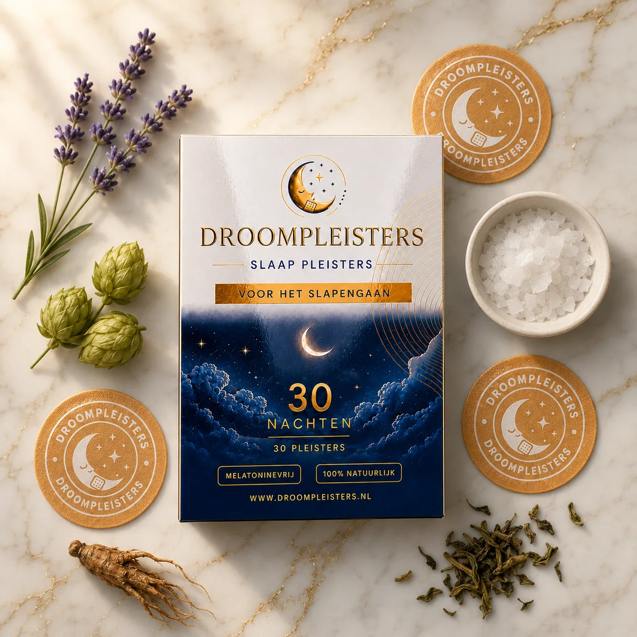 Droompleisters met de natuurlijke ingrediënten: lavendel, hop, valeriaan en magnesium